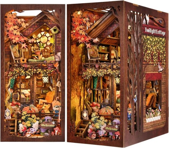 Luxe Book Nook DIY Pakket - Twilight Cottage - Miniatuur Houten Boekensteun met LED Verlichting - 3D Puzzel - Cadeau Volwassenen - Herfst Huisje