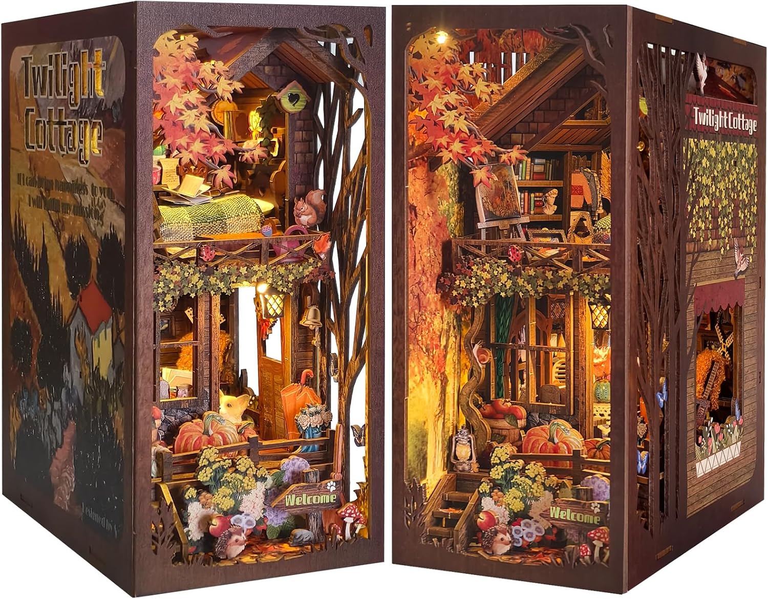 Luxe Book Nook DIY Pakket - Twilight Cottage - Miniatuur Houten Boekensteun met LED Verlichting - 3D Puzzel - Cadeau Volwassenen - Herfst Huisje